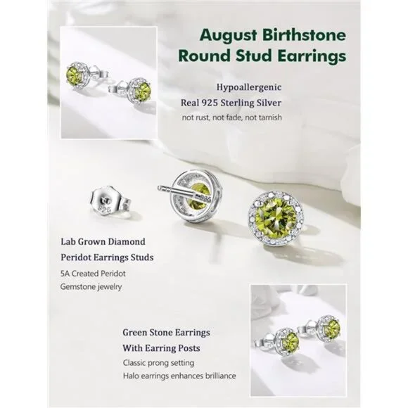 Peridot Earrings Round Cut Women | 925 Sterling Silver | August Birthstone - Picture 5 of 7